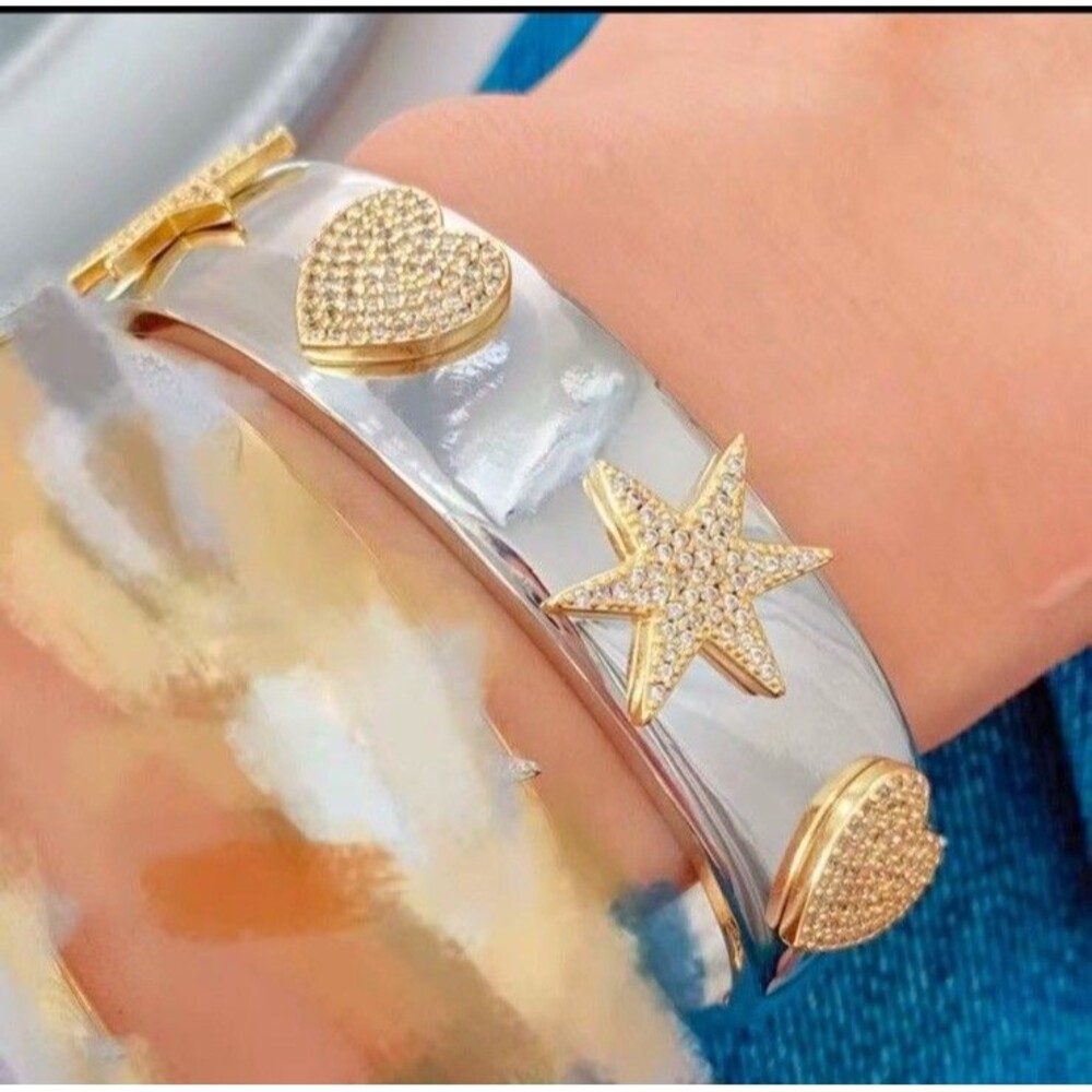 ⁠Silver Ton Star & Heart Hinged Cuff Bracelet Pave Rhinestone Statement Jewelry⁠